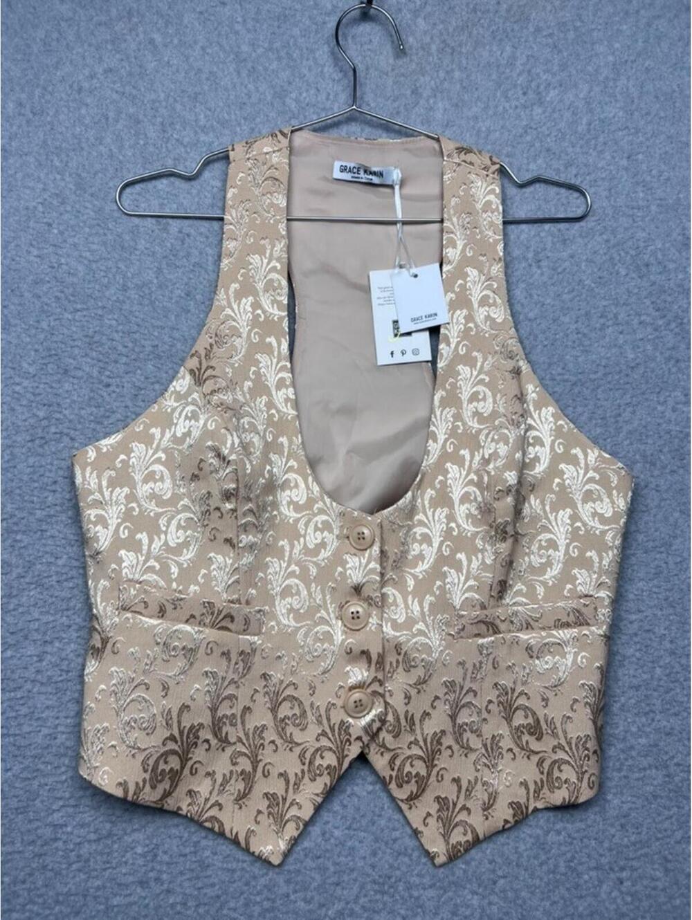 Gold Vest Womens L Jacquard Floral Steampunk Tuxedo Waistcoat New